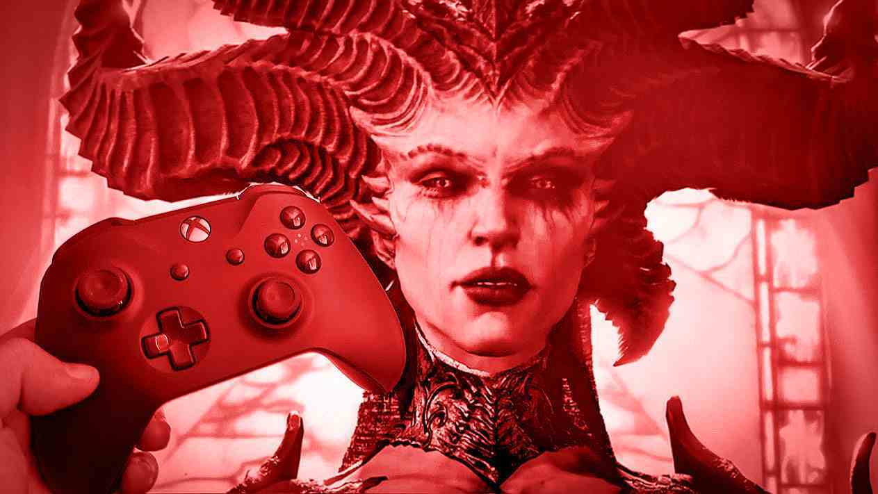 Diablo 4'ten Lilith'in önünde Xbox One denetleyicisi.