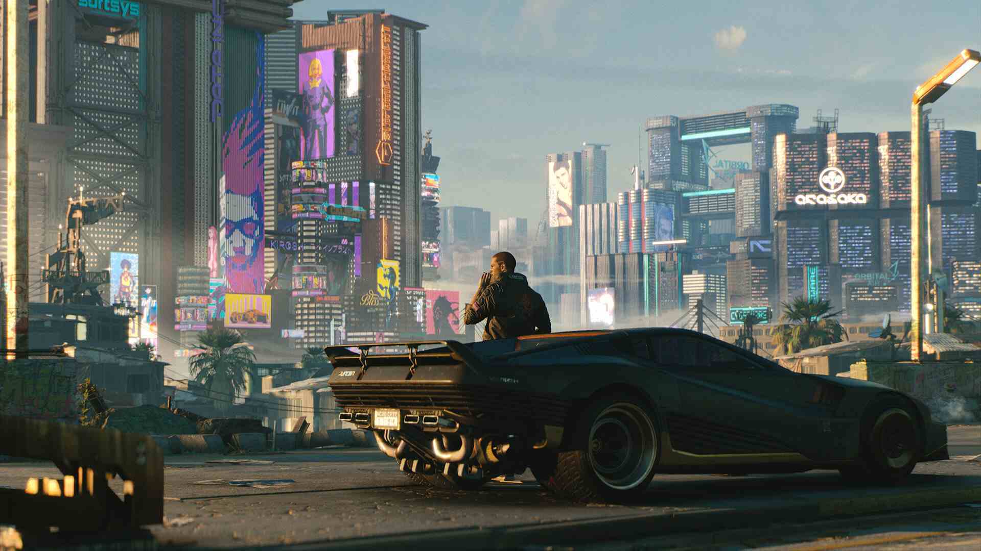 Cyberpunk 2077 Starfield karşılaştırması: CP2077'den V, Night City'de bir arabaya yaslanıyor