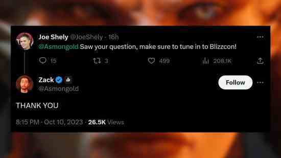 Diablo 4 geliştirici güncellemesi - Joe Shely yayıncı Zack 'Asmongold'a şu mesajı veriyor: "Sorunuzu gördüm, Blizzcon'u mutlaka izleyin!" Asmongold'un yanıtı şöyle: "Teşekkür ederim!"