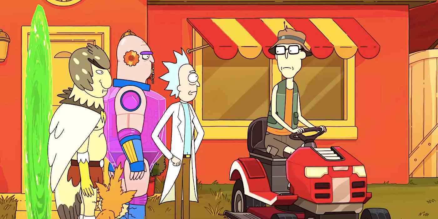 Birdperson Squanchy Gearhead ve Rick, Rick and Morty 7. sezon fragmanında bir portalın yanında üzerine binilebilen çim biçme makinesinin üzerinde oturan Gene ile konuşuyor