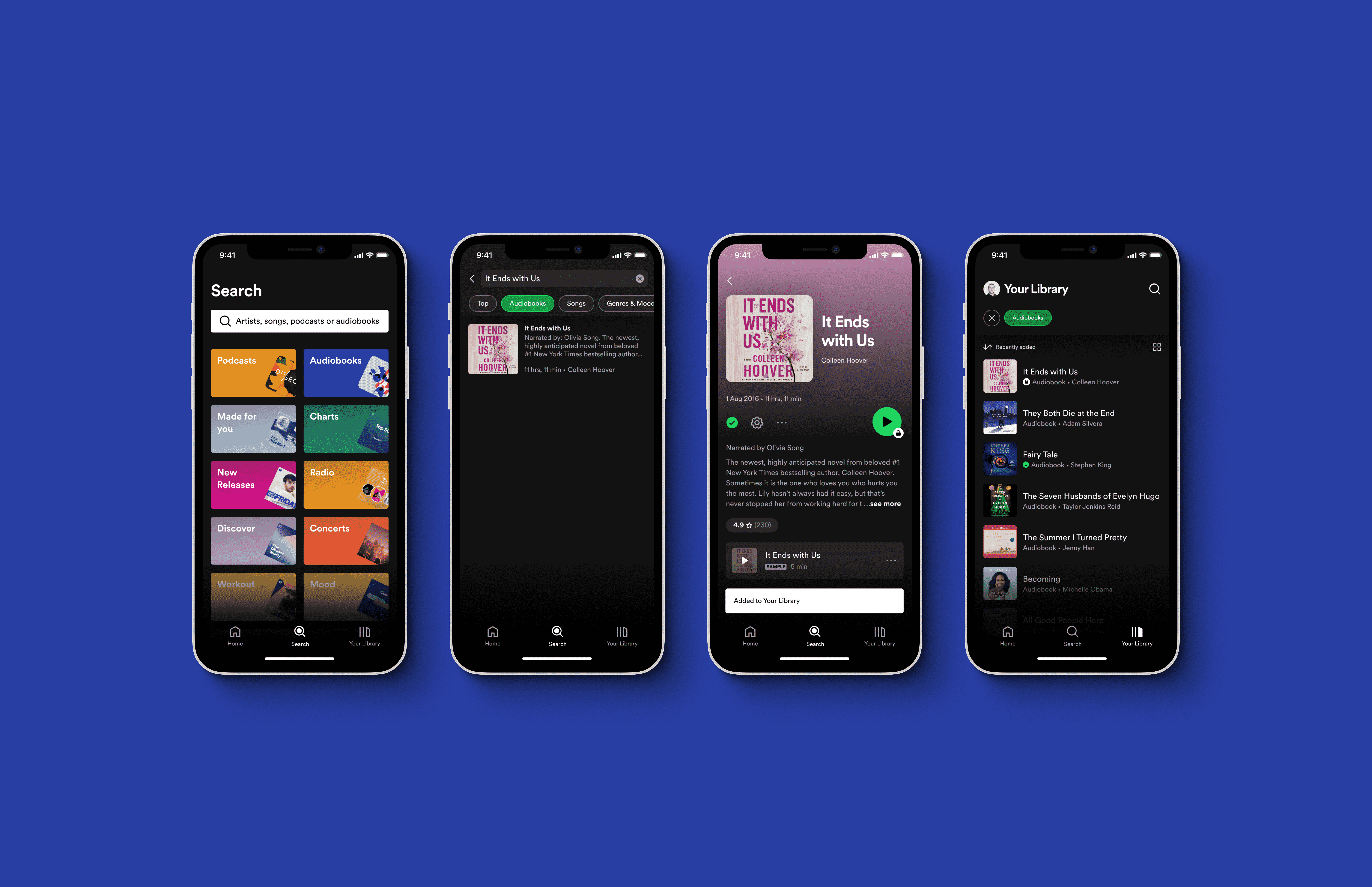 4 cep telefonunda Spotify sesli kitap ekranları