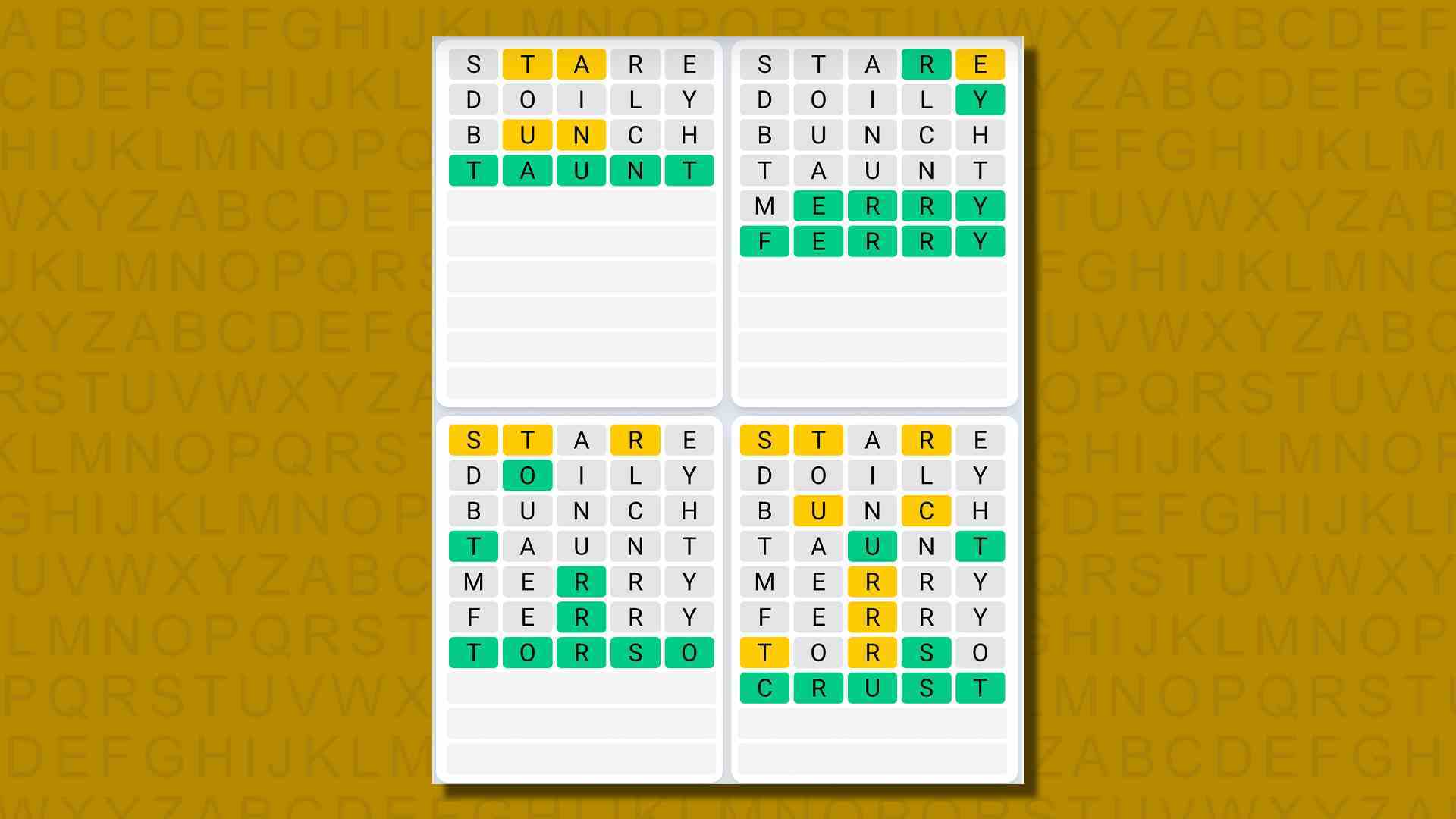 Sarı arka planda 648 numaralı oyunun Quordle günlük dizisi yanıtları