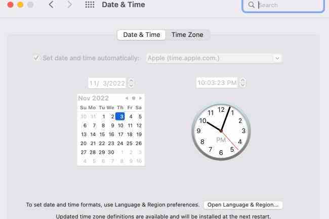 MacOS'ta Tarih ve Saat ayarları ekranı.