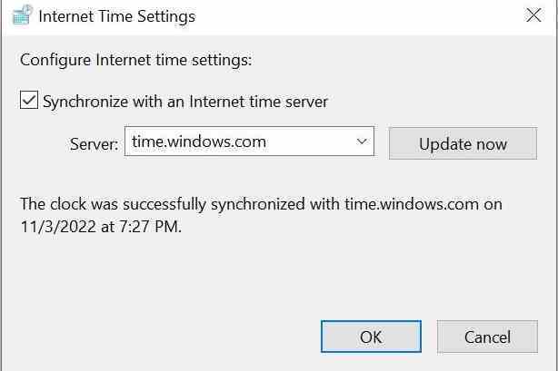 Windows'ta İnternet Saati Ayarları ekranı.