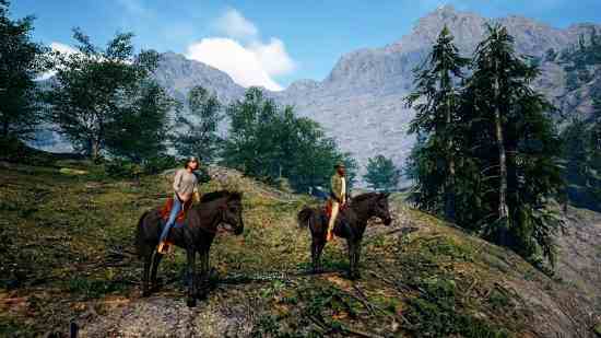 Çiftlik Simülatörü Steam'de çıkıyor - At sırtında duran iki kişi tepelere ve dağlara bakıyor.