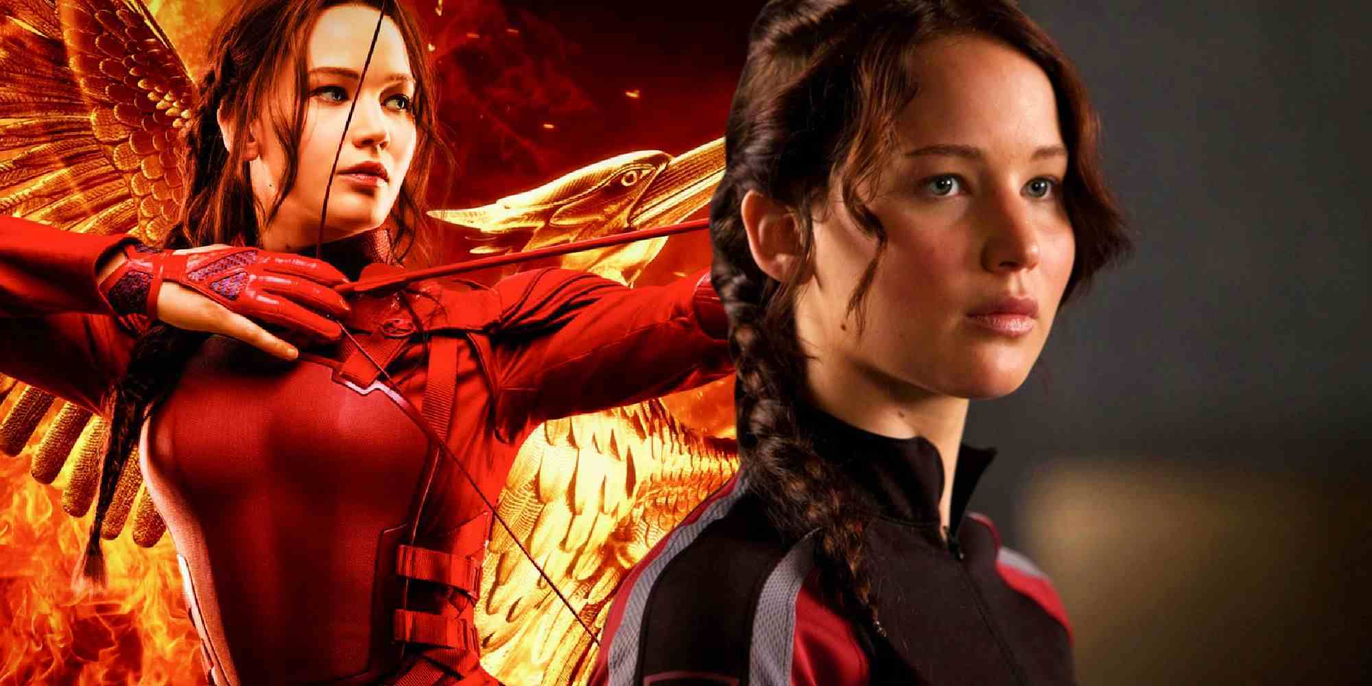Katniss Everdeen rolünde Jennifer Lawrence, Açlık Oyunları: Alaycı Kuş - Bölüm 2 posterinin yanında