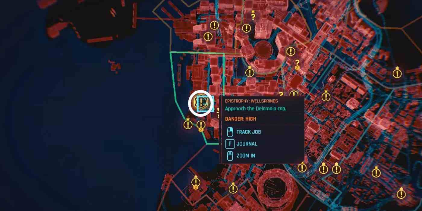 Cyberpunk 2077'nin haritasındaki Delamain Taksi Konumunun görüntüsü