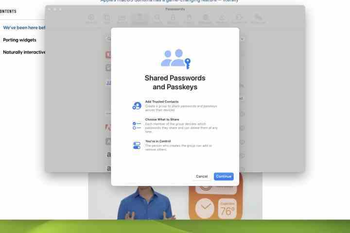macOS Sonoma'daki paylaşılan parolalara giriş iletişim kutusu.