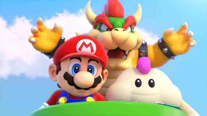 Mario, Mallow ve Bowser, Super Mario RPG'de bir palyaço arabasında oturuyorlar.