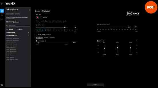 iCue'ye takılan Logitech Yeti GX mikrofonunun ekran görüntüsü.