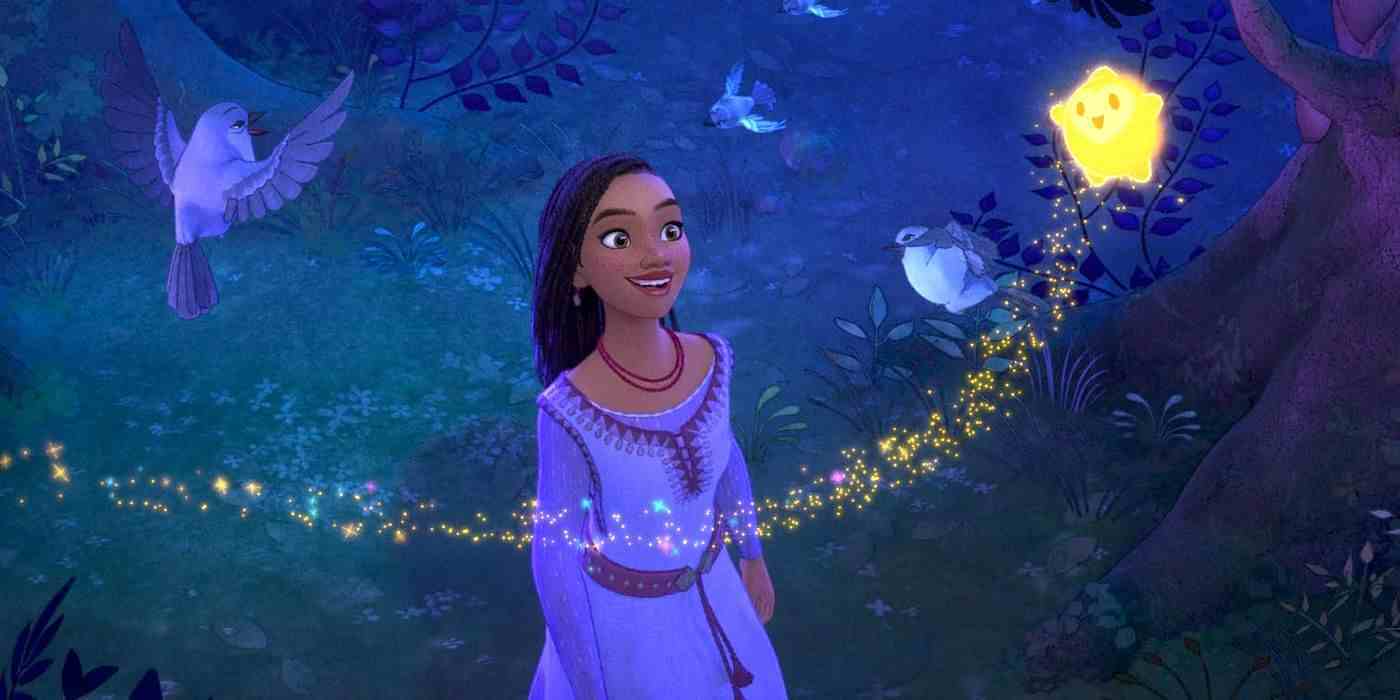 Asha, Disney's Wish'te çevresinde peri tozuyla uçuşan bir yıldızı izliyor.