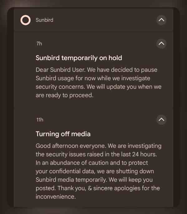 Sunbird kullanıcıları tarafından daha önce alınan ve uygulamanın geçici olarak beklemeye alındığını bildiren bildirim |  Kaynak - ijeffgarden (Reddit) - Android için Sunbird iMessage uygulaması gizlilik endişeleri nedeniyle geçici olarak kapanıyor