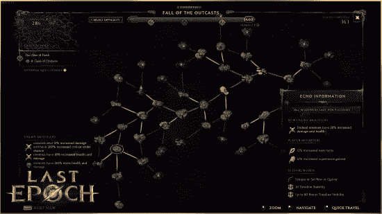 Last Epoch Echo değiştiricileri - Çok sayıda düğüm içeren oyun sonu sisteminin ekran görüntüsü.