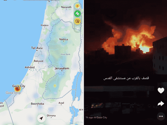 Gazze'deki sıcak noktayı gösteren Snap Haritasının yan yana ekran görüntüleri ve bir hastanedeki patlamayı gösteren halka açık bir Hikayenin ekran görüntüsü. 