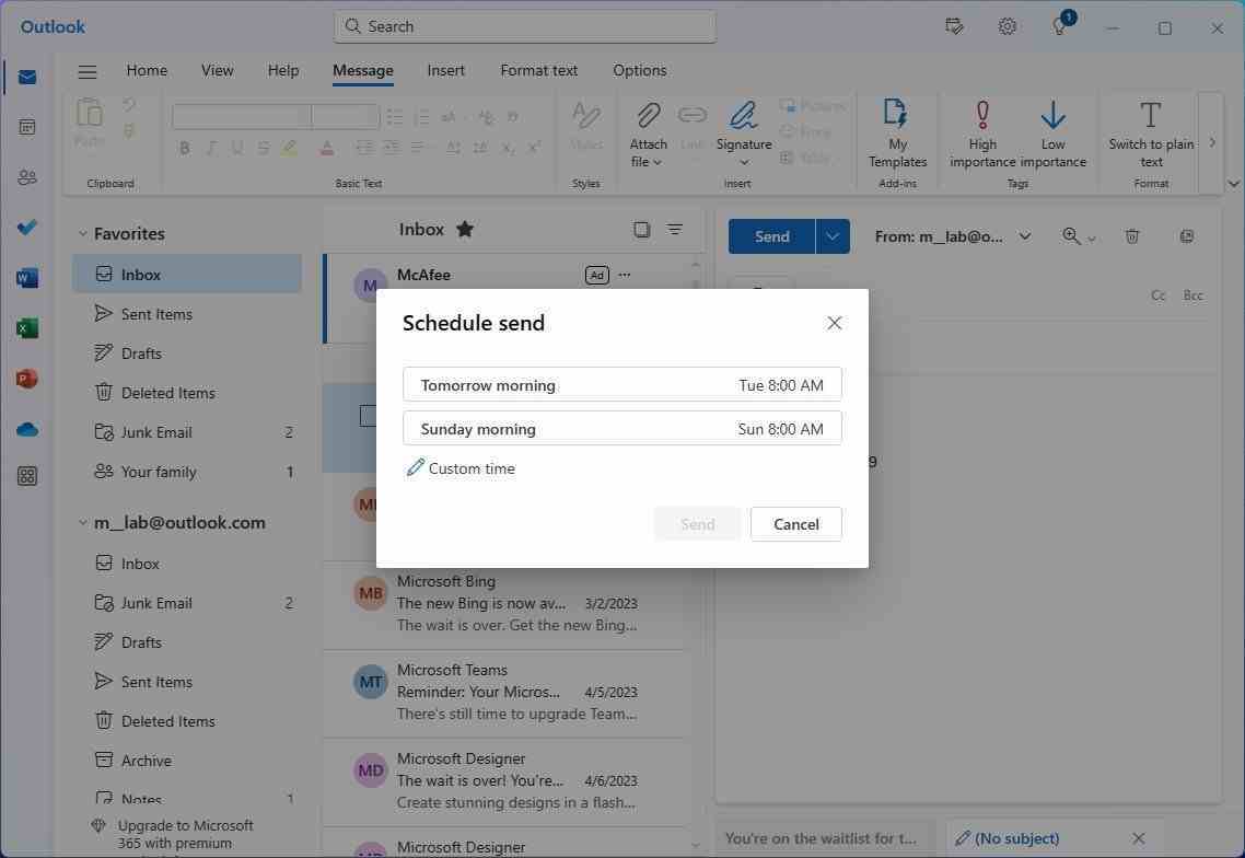 Yeni Outlook planlama e-postası