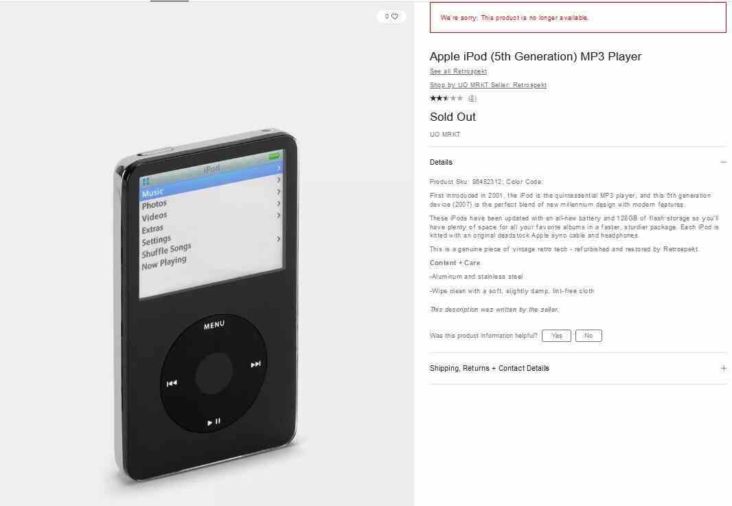 Urban Outfitters'ın web sitesindeki listede, yenilenmiş 5. nesil iPod'un tükendiği belirtiliyor - Yenilenmiş 5. nesil iPod MP3 birimleri çevrimiçi olarak tükeniyor