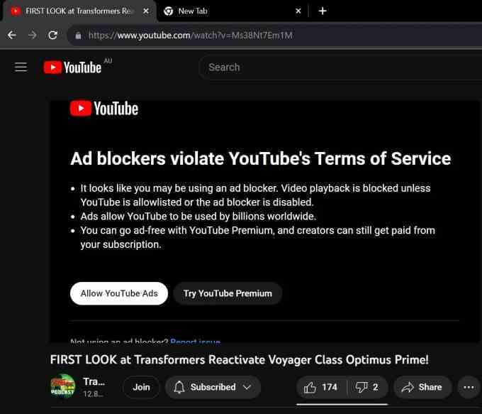 Kullanıcıyı reklam engelleyici kullanımı konusunda uyaran YouTube'un ekran görüntüsü