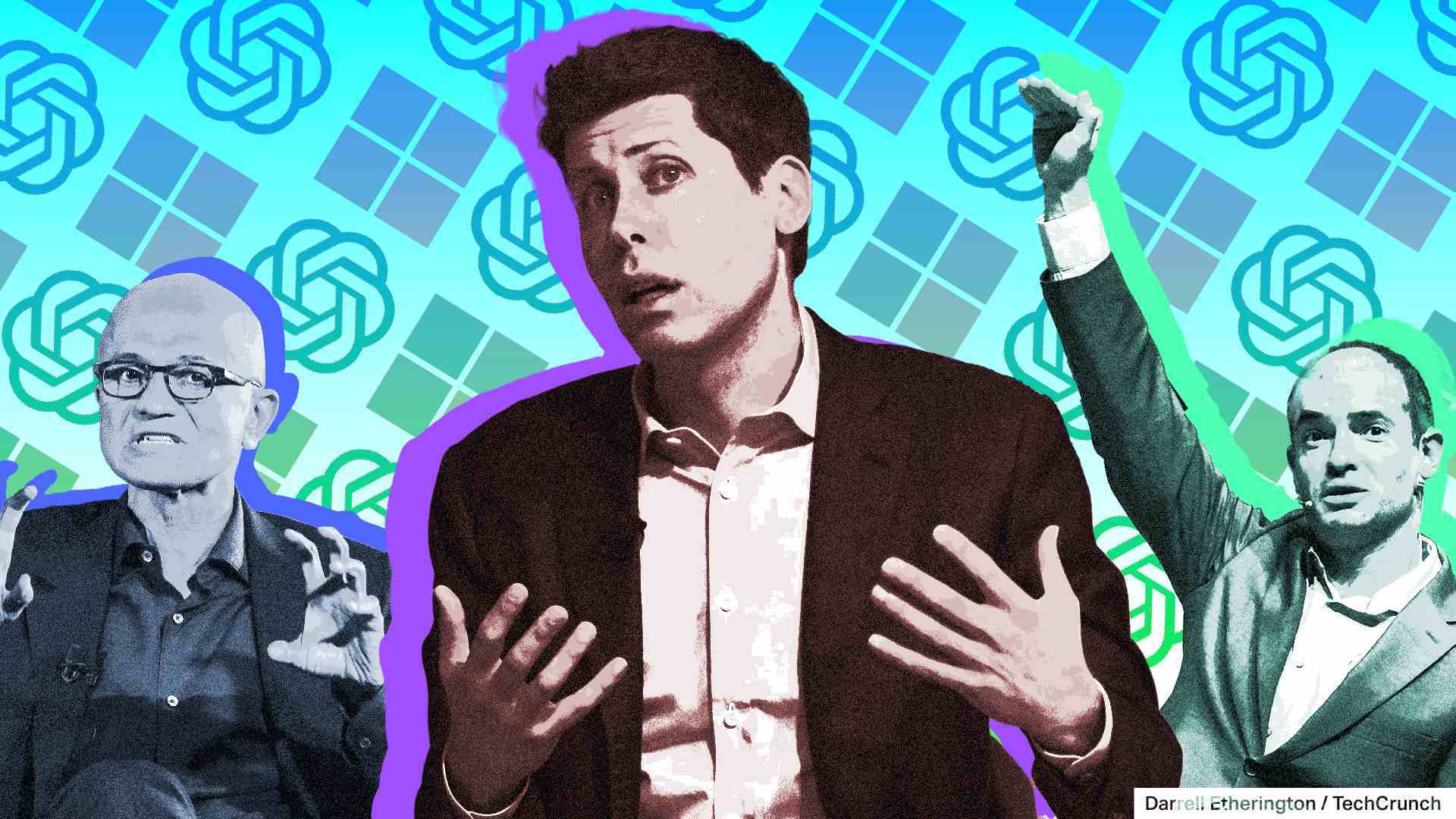 Sam Altman, Satya Nadella ve Ilya Sutskever bir illüstrasyon kolajında