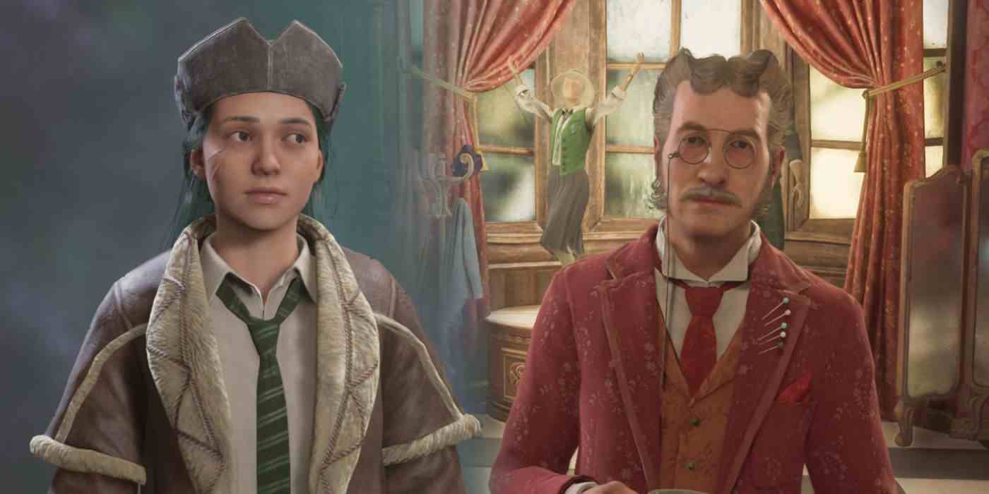 Hogwarts Legacy'den Augustus Tepesi'nin yanında kahverengi bir kürk manto ve Kara Garrison şapkası giyen bir oyuncu karakteri.