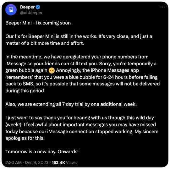 Beeper Mini şu anda kapalı, muhtemelen Apple tarafından kapatılmış (Güncelleme: kısmen çalışıyor)
