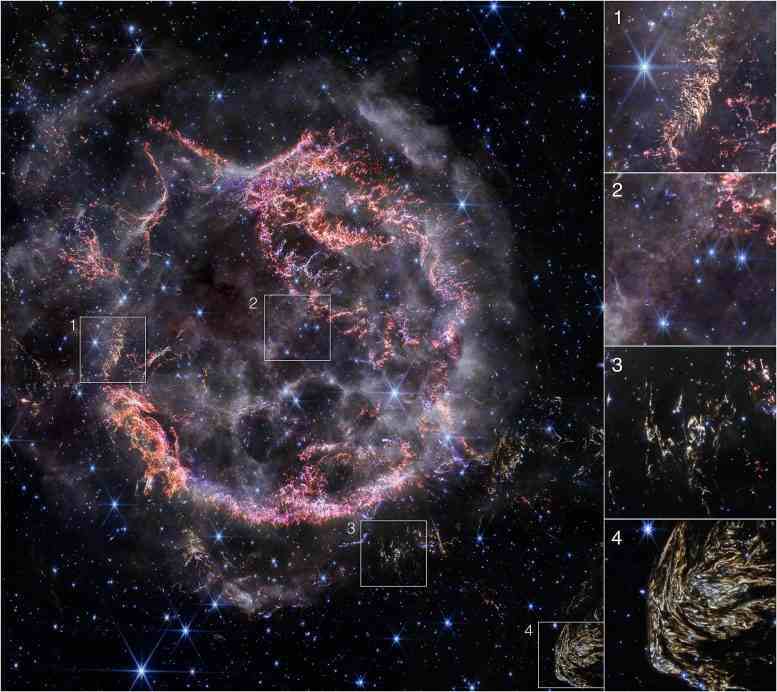 Webb Cassiopeia A Yakın çekimler (NIRCam Görüntüsü)