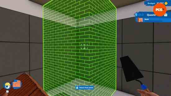 House Flipper 2'de bir duvarın nereye inşa edilmesi gerektiğini belirtmek için bir alan yeşil renkte vurgulanmıştır.