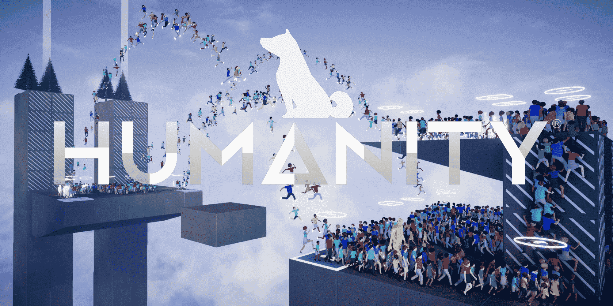 Humanity Review Köpek logosu ve oyun başlığıyla zıplayan insanlar