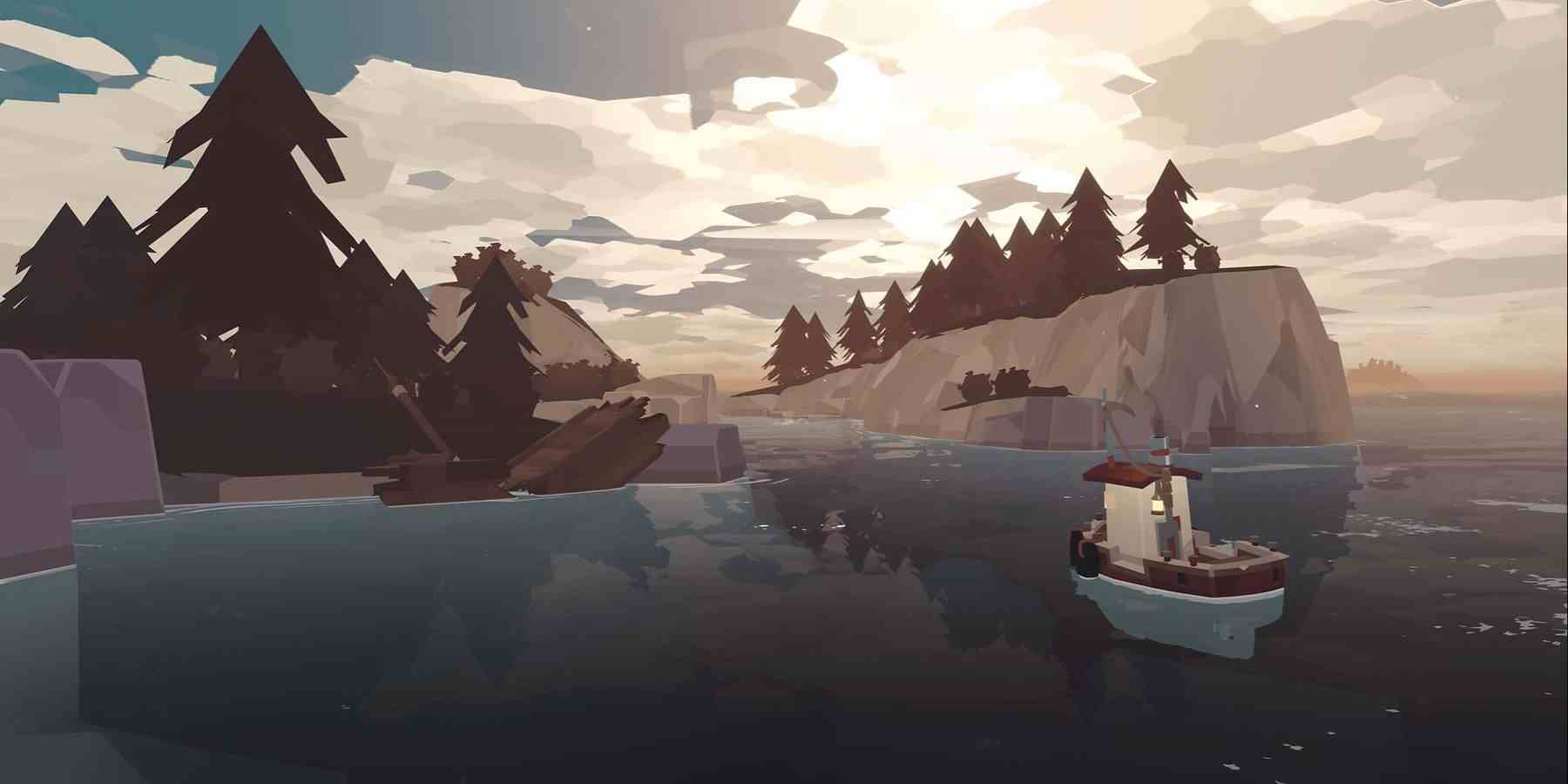 Video oyunu Dredge'den bir görüntü, balıkçı teknesinin bir adaya yaklaştığını ve kısmen sahilde enkaz halindeki bir gemiyi gösteriyor