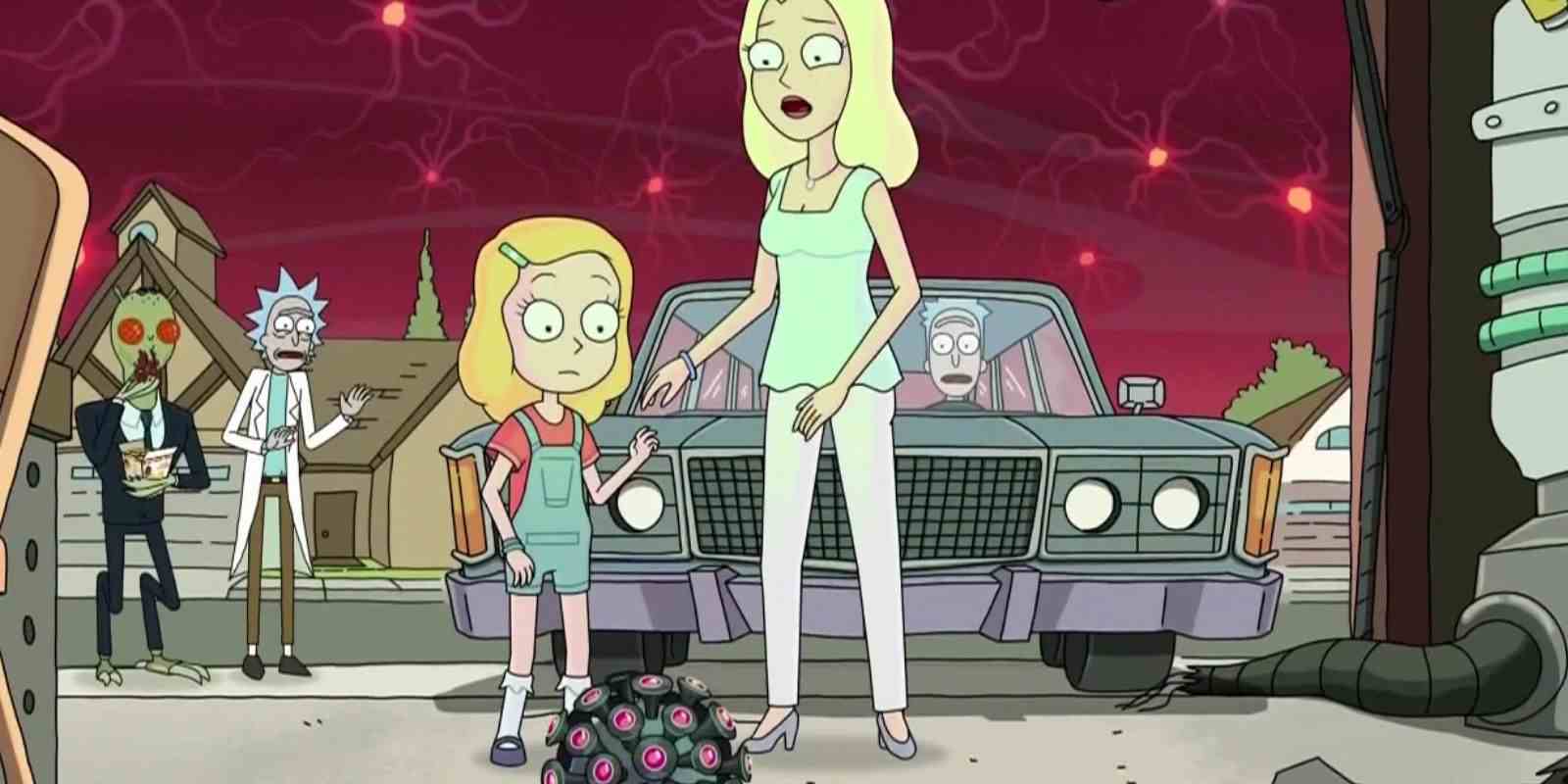 Diane ve Beth, Rick ve Morty'nin üzerine patlamadan hemen önce bombaya bakıyorlar