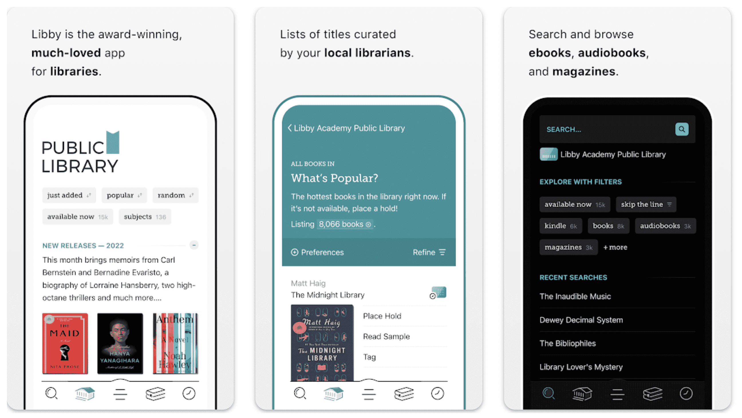 Libby uygulamasının üç ekran görüntüsü