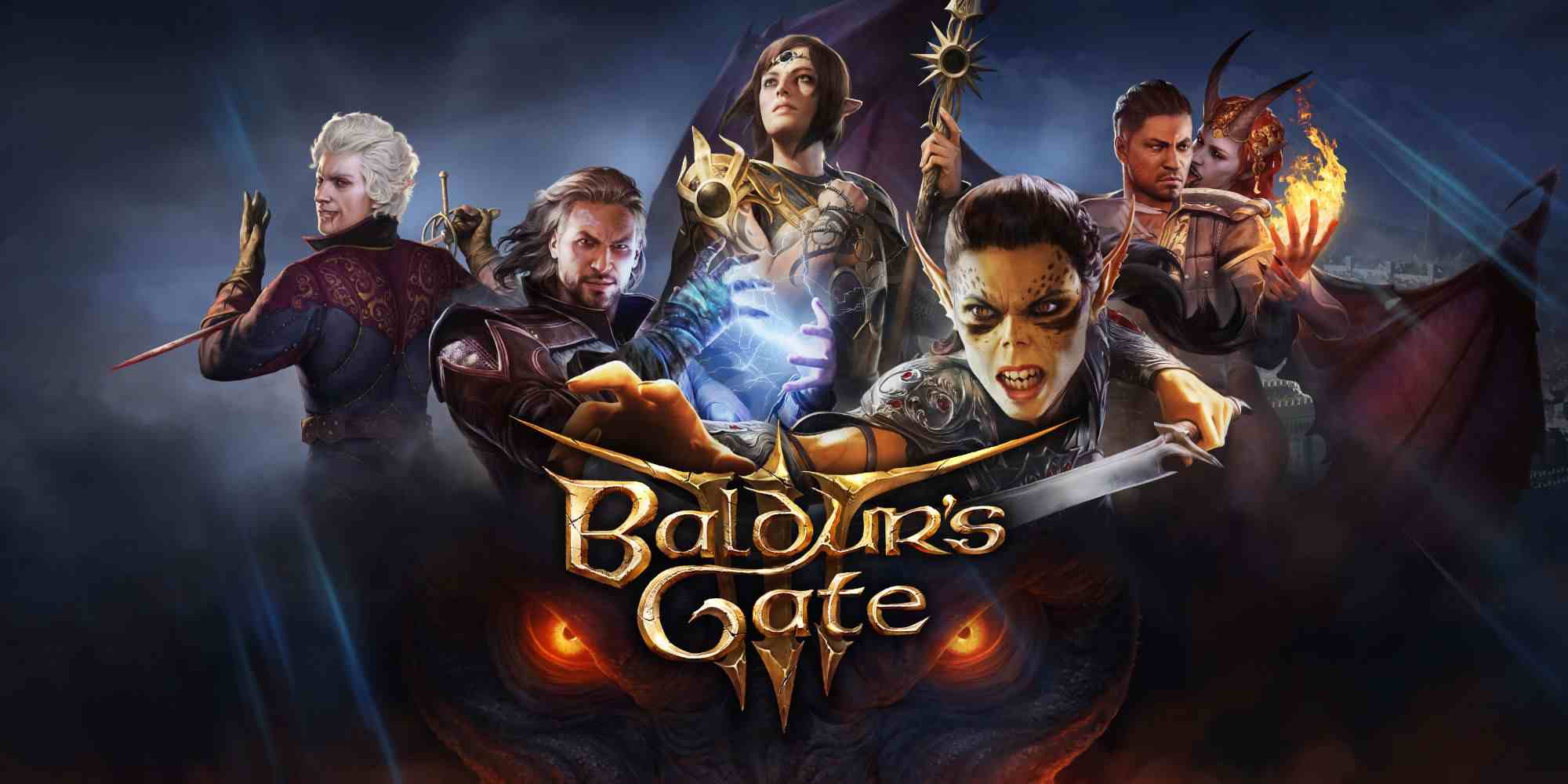 Baldur's Gate 3'ün oyunun logosunu çevreleyen birden fazla karakteri gösteren ana görseli.