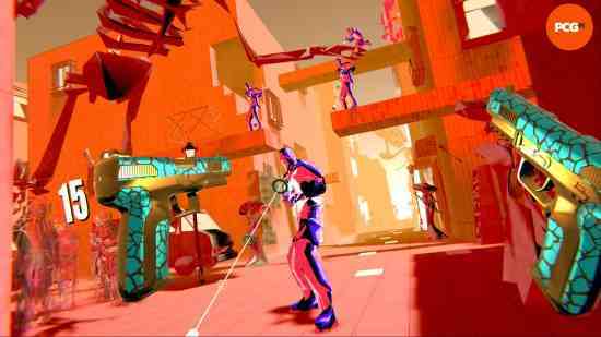 Pistol Whip VR'de çok sayıda düşmanın oyuncunun kaçması ve karşı koyması için ateş açtığını gösteren yoğun bir ekran görüntüsü.