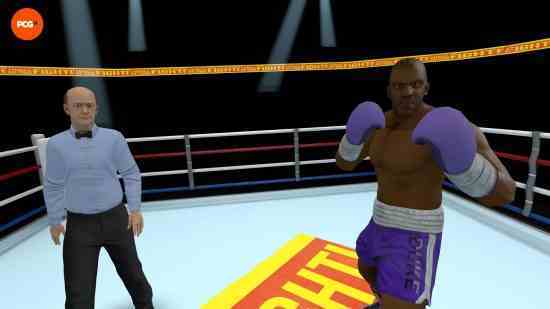 Thrill of the Fight VR'da bir dövüşçüyü ve hakemi gösteren bir ekran görüntüsü.