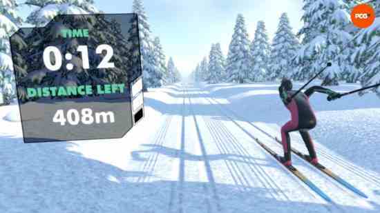Cross Country Skiing VR'da yokuş aşağı kayak yapan bir kişinin ekran görüntüsü.