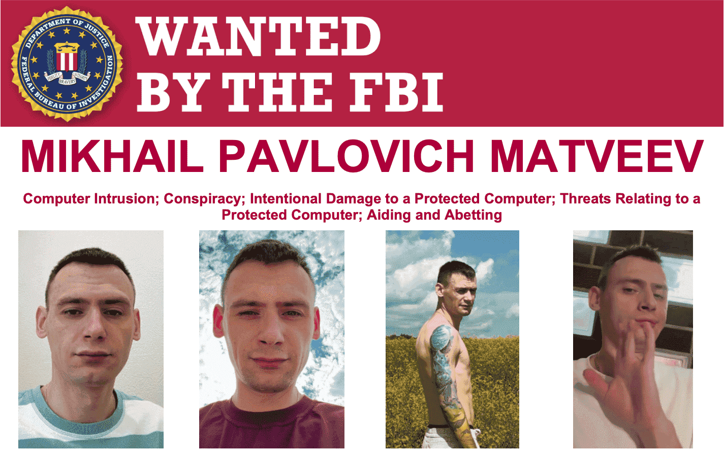 FBI'ın Mikhail Matveev için aranan posteri.