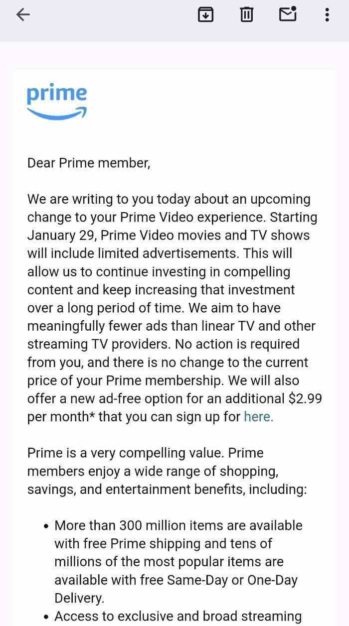 Amazon, Prime Video abonelerine, fazladan ödeme yapmadıkları sürece reklamların 29 Ocak'ta geleceğini söylüyor