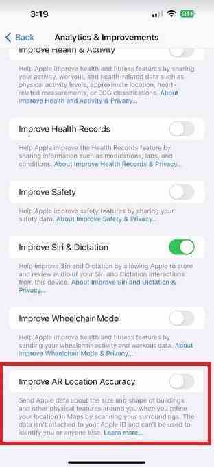 Apple Haritalar'daki AR özelliklerinin doğruluğunu artırmak istiyorsanız kırmızı kutuda bulunan düğmenin açık olduğundan emin olun - Apple, Apple Haritalar'ın AR özelliklerini geliştirmek için sizden yardım ister