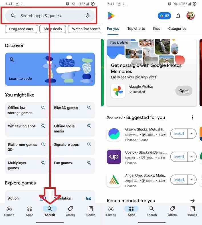 Play Store'a özel bir arama sekmesi geliyor (L), ancak bazı kullanıcılar arama çubuğunu kaybetmiş ve arama sekmesi yok (R) - Bazı Google Play Store kullanıcıları, bir güncellemenin ardından arama çubuğunu kaçırıyor