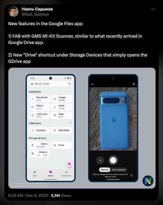 Kaynak -&nbsp;@Nail_Sadykov on X - Files by Google uygulaması, Akıllı Arama ve Google Drive'ın yeni belge tarayıcısını alıyor