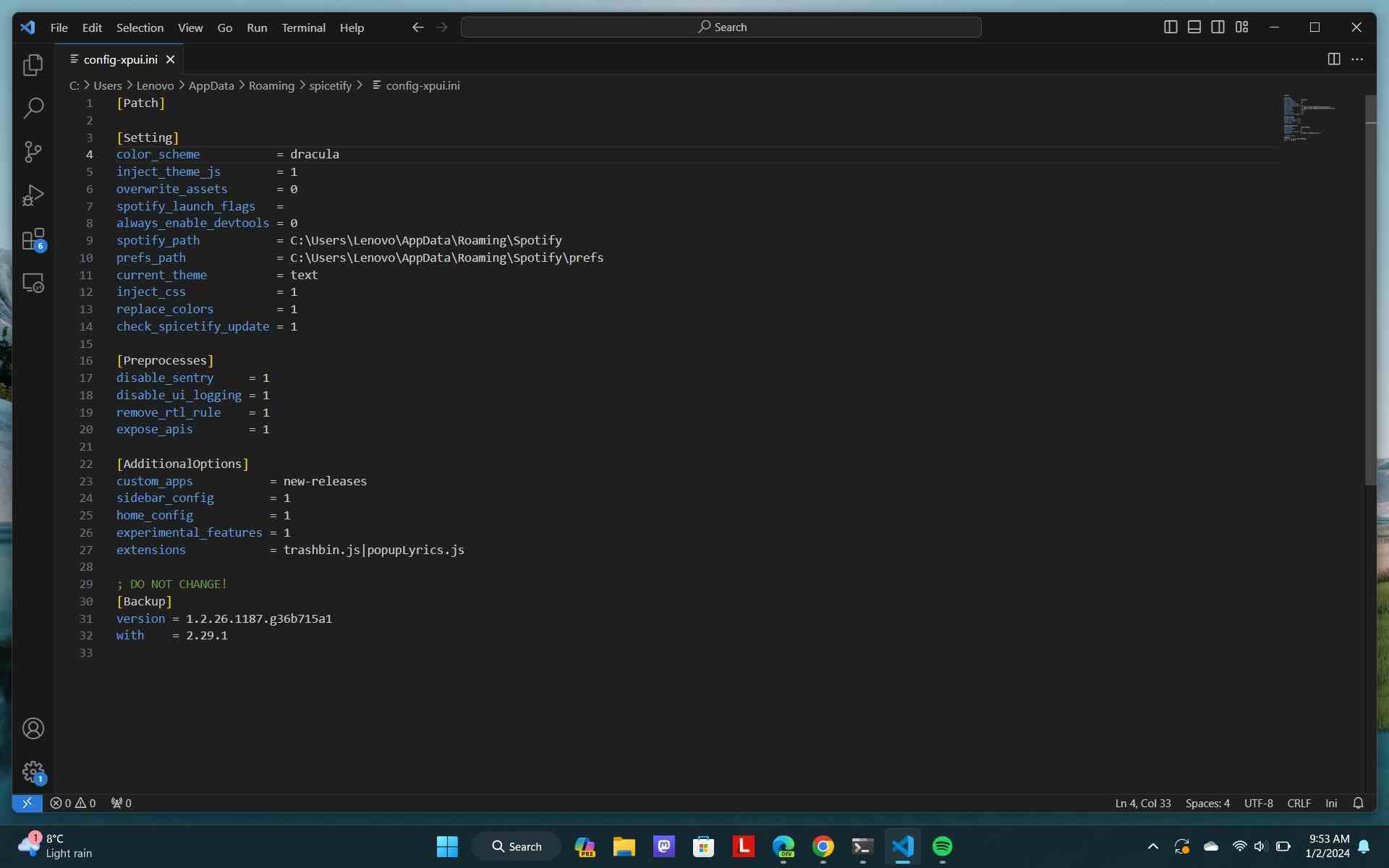 VS Code'da görüntülenen Spotify için Spicetify yapılandırma dosyası