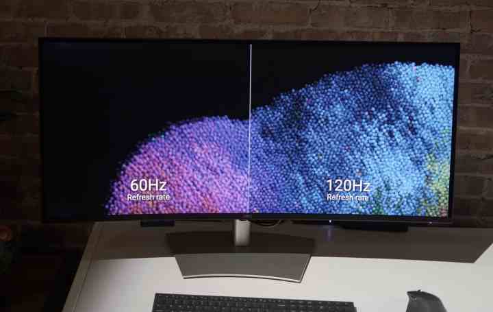 60Hz ile 120Hz arasındaki farkı gösteren bir Dell UltraSharp monitör.