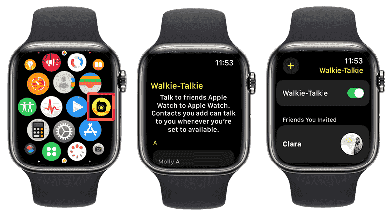 Apple Watch Walkie-Talkie uygulamasının ekran görüntüleri