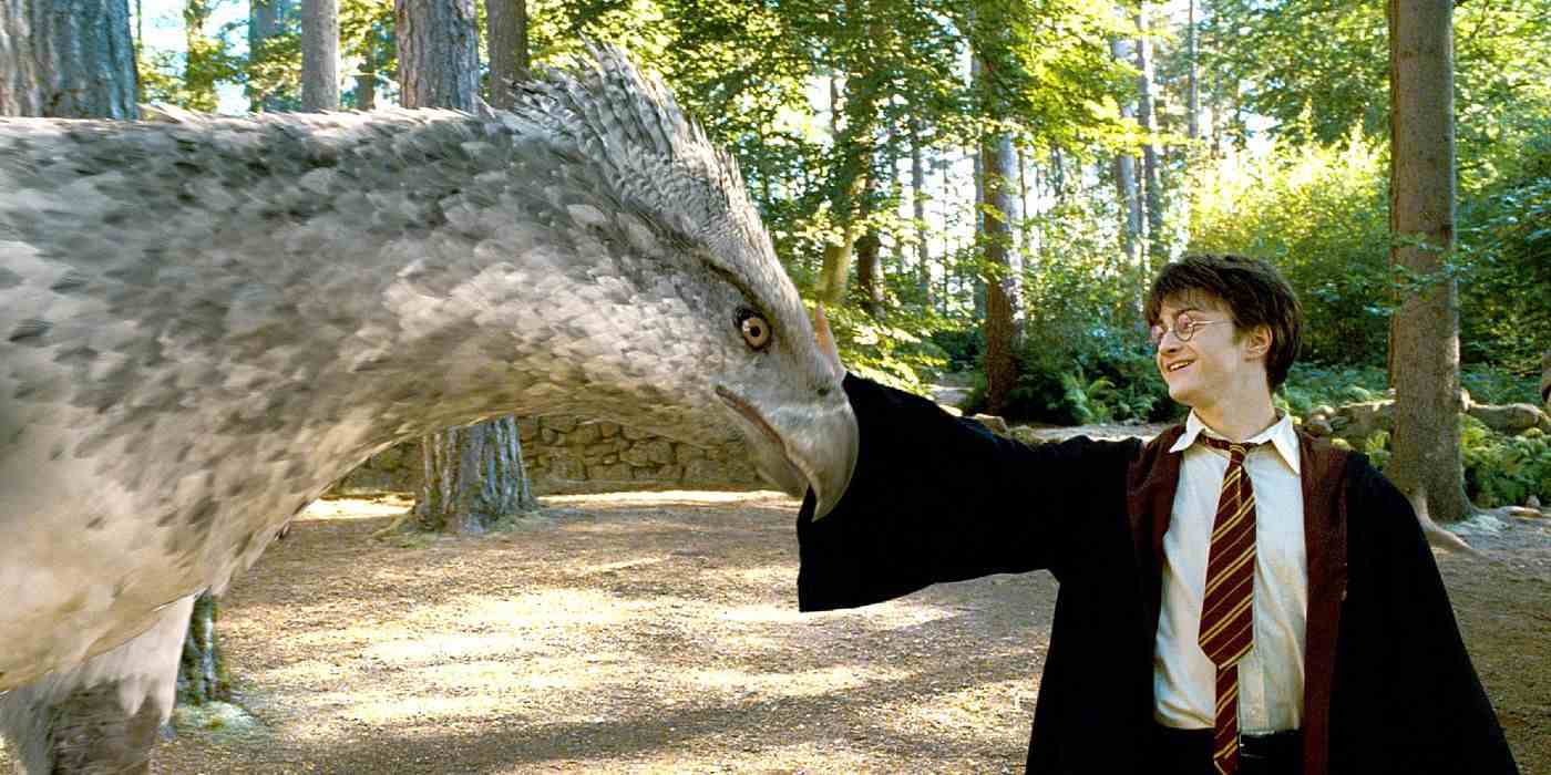 Harry, Harry Potter ve Azkaban Tutsağı'nda Hipogrif Şahgaga'yı okşuyor