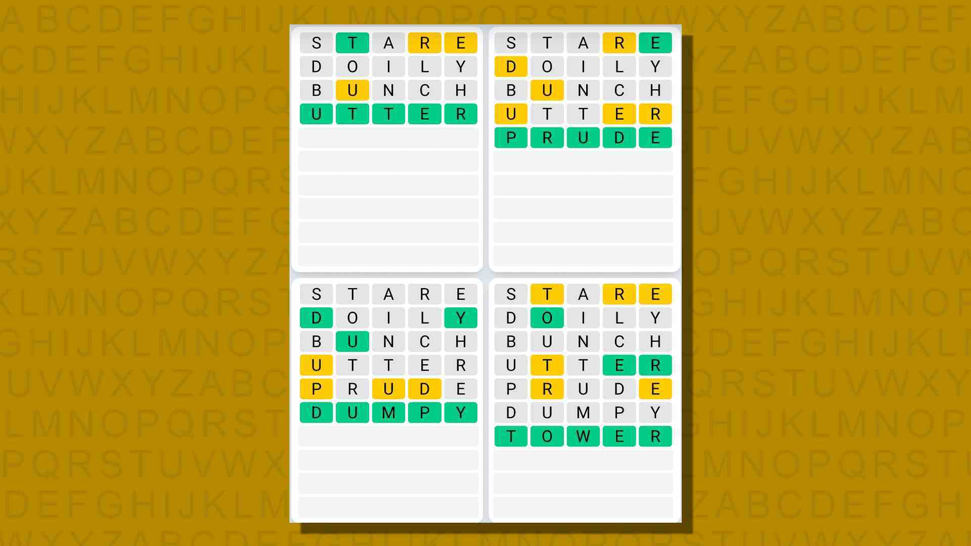 Sarı arka planda 717 numaralı oyunun Quordle günlük dizisi yanıtları