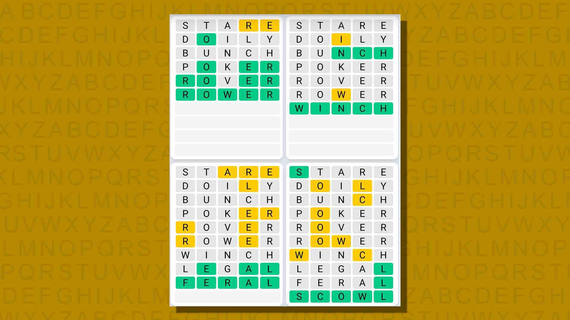 Sarı arka planda 718 numaralı oyun için Quordle günlük dizi yanıtları