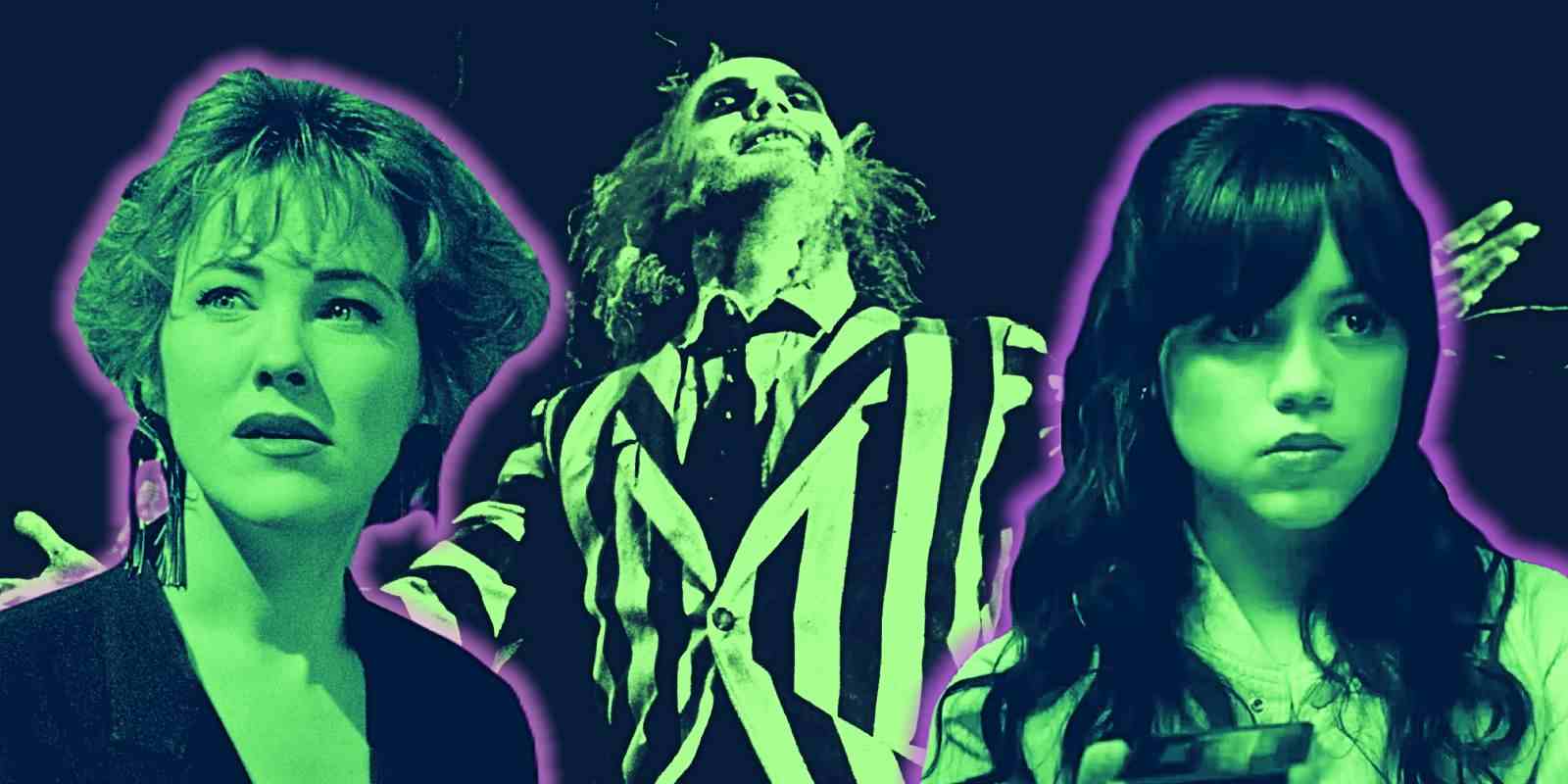 Bu kolaj, Beetlejuice'de mor bir çerçeveye sahip yeşil bir kaplamaya sahip olan Delia, Beetlejuice ve Jenna Ortega'nın isimsiz karakterini gösteriyor.