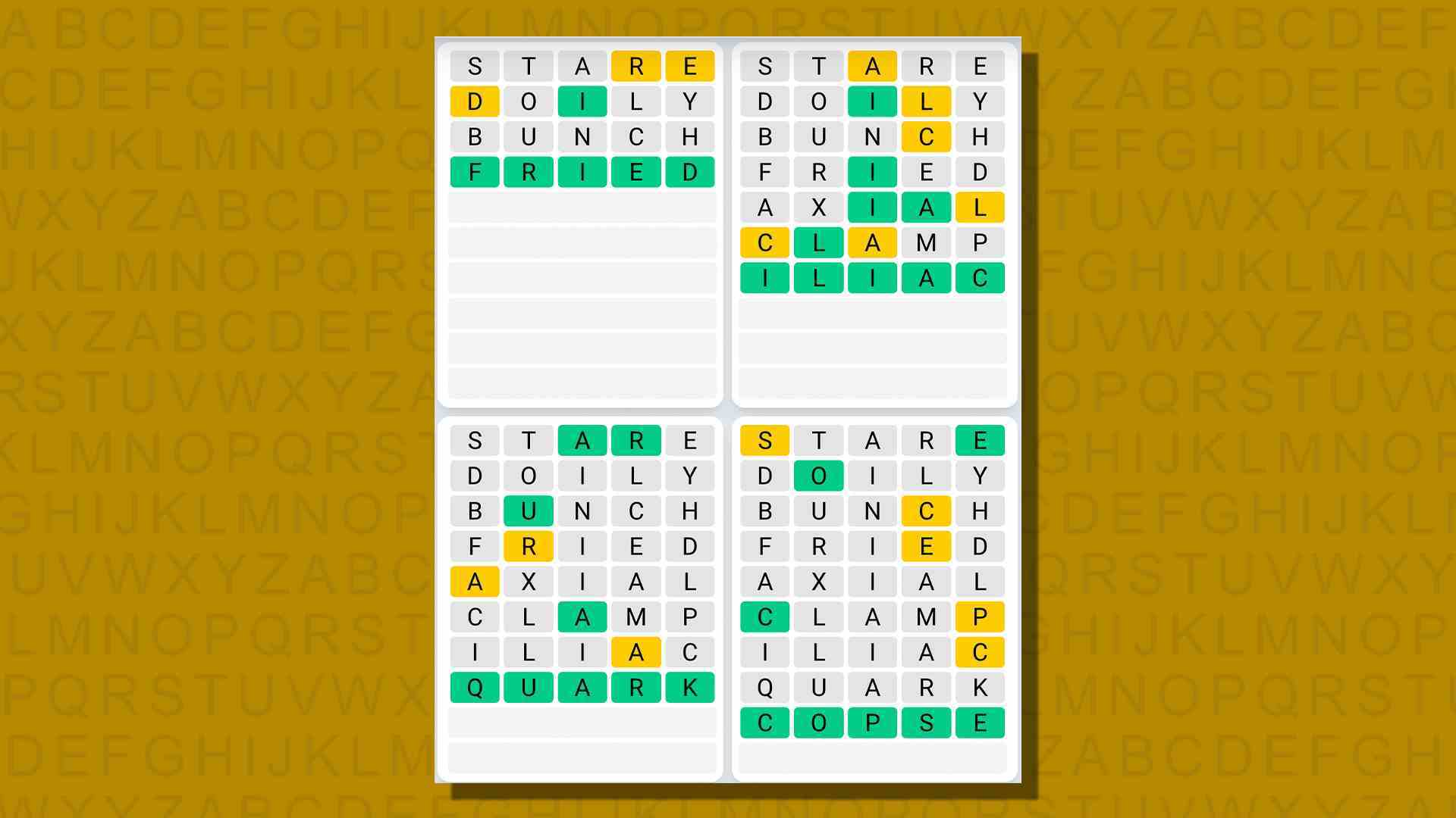 Sarı arka planda 721 numaralı oyunun Quordle günlük dizisi yanıtları