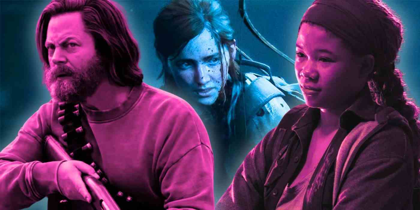 HBO'da The Last of Us'tan Bill rolünde Nick Offerman ve Riley rolünde Storm Reid ve arkalarında TLOU2'dan Ellie