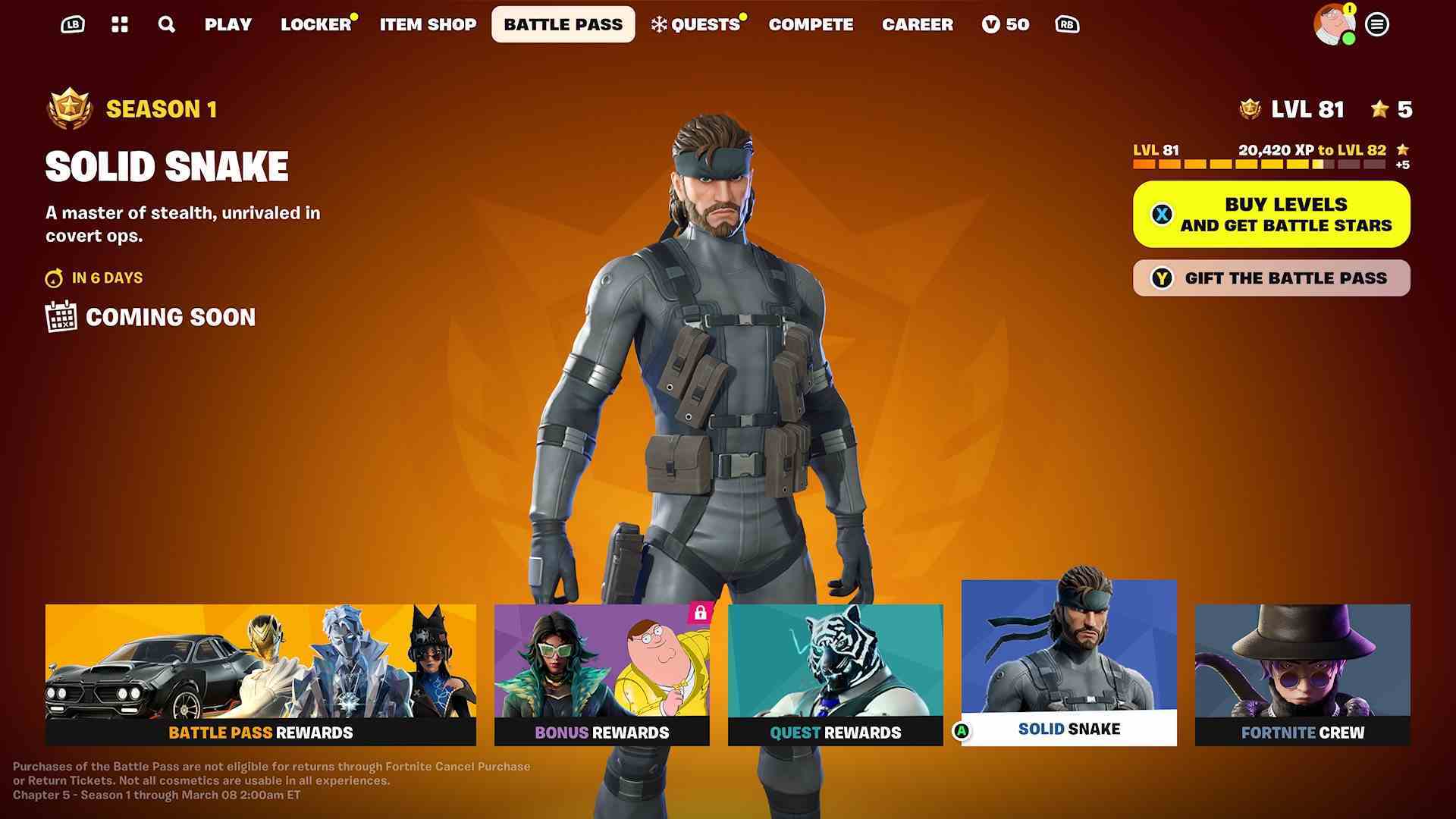 Fortnite'ın ana Battle Pass ekranında Solid Snake