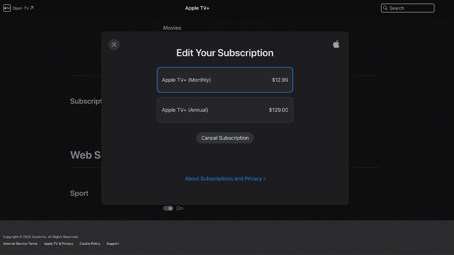 Apple TV Plus aboneliği iptal etme sayfasının görüntüsü